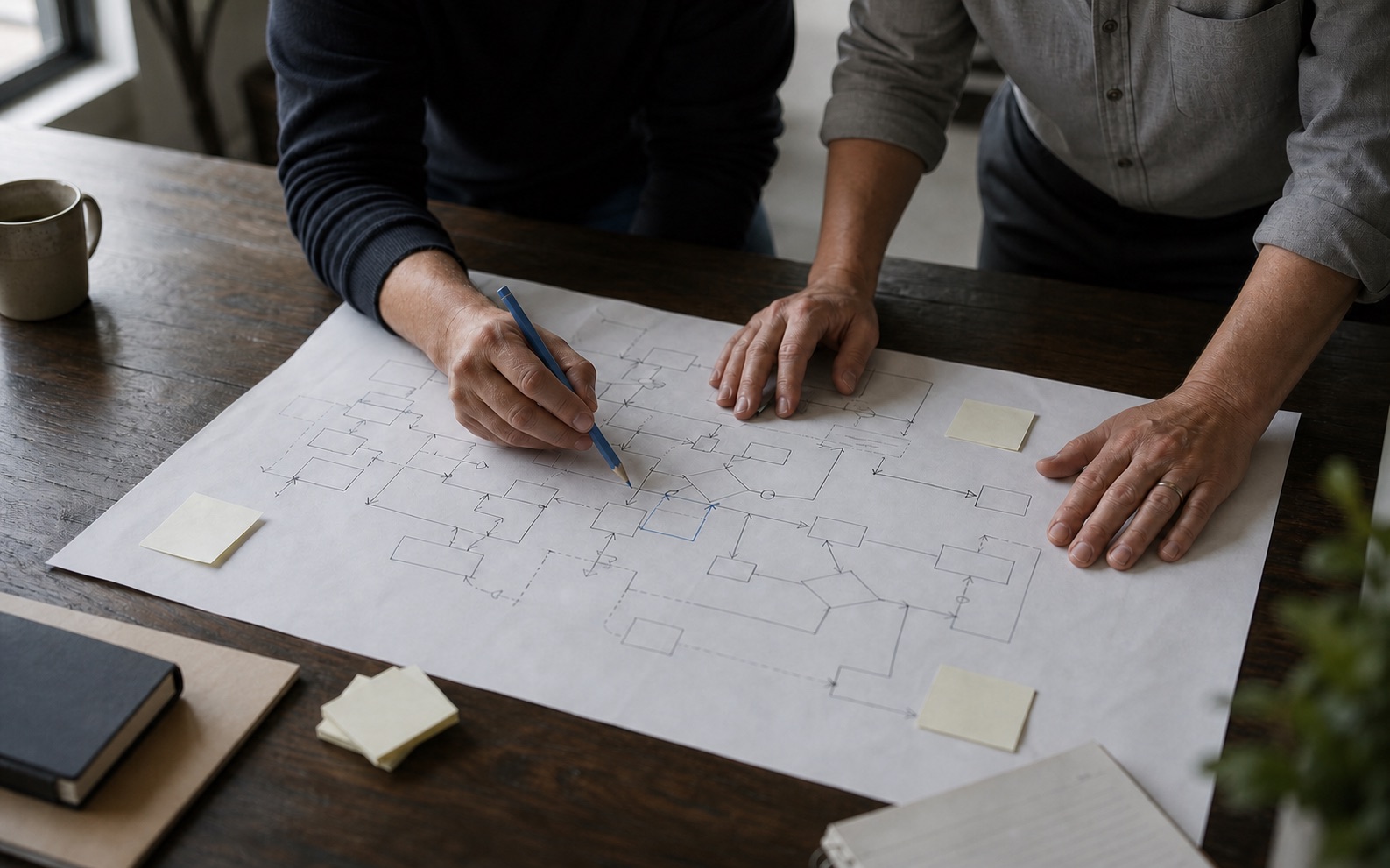 Two business professionals mapping a workflow together